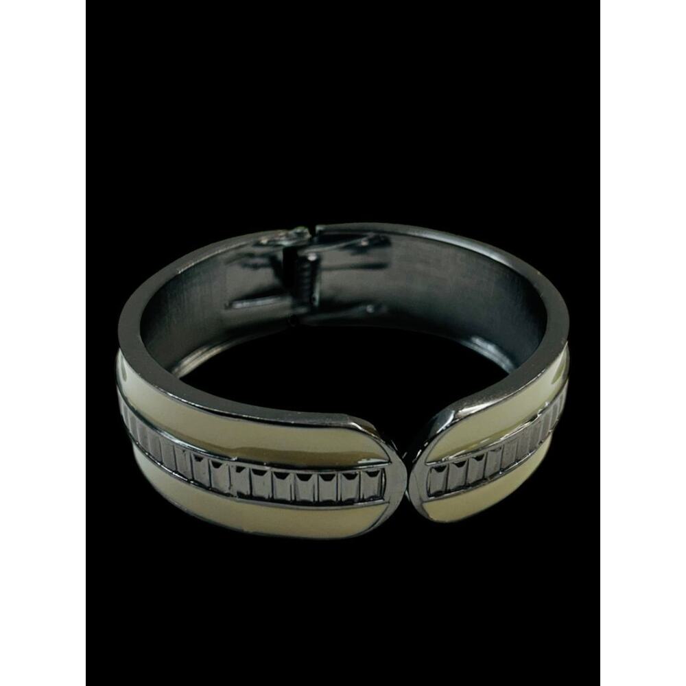 Hinged‎ Bangle Bracelet Pewter Color Enameled Taupe Gray 2.4" Inside Diameter